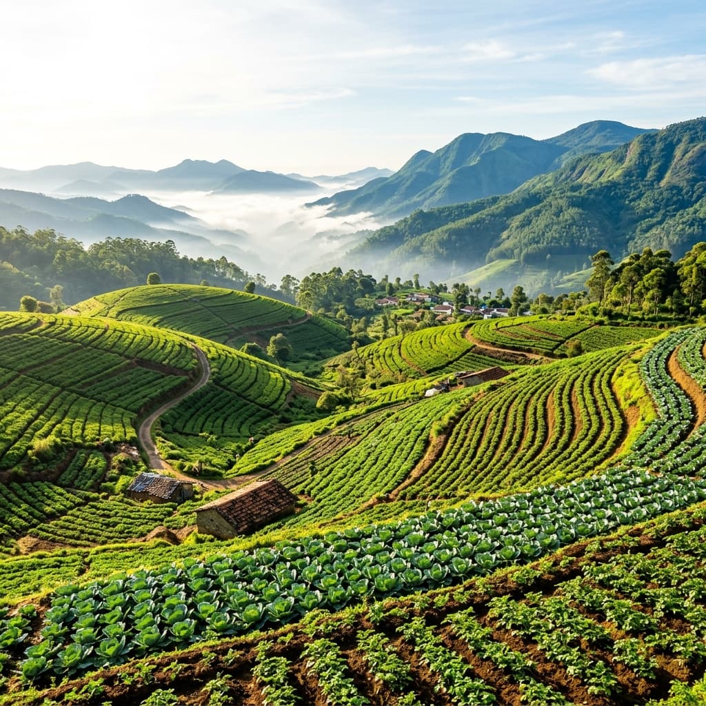 Terraced fields and smallholdings running down a green hillside